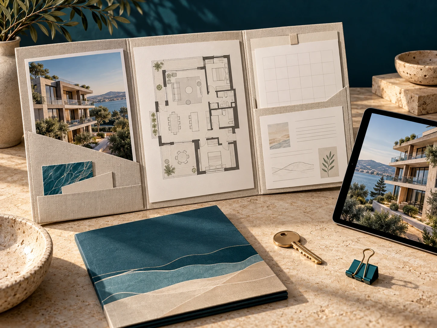 Conceptual property information pack with folder, plans, tablet and key